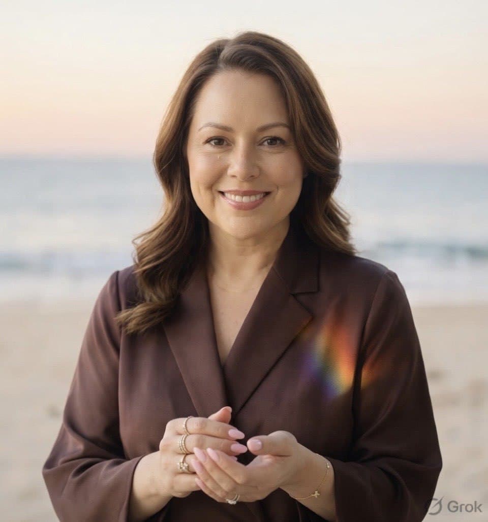 Koa — meditation facilitator and Zen Den host Koa (@koaxmeta) smiling on a beach at dusk in a brown blazer